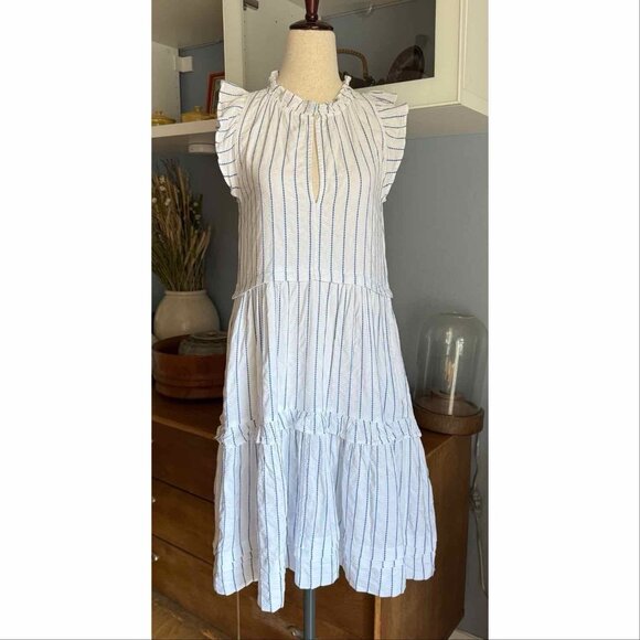 ME+EM Striped Swing Tiered Dress White w/ Blue Stripes Ruffles Cotton Blend - Picture 1 of 9
